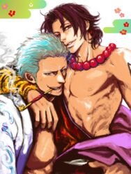 2boys black_hair clothed gay jacket kiseru male male_only multiple_boys muscle one_piece open_clothes portgas_d_ace smile smoker_(one_piece) smoking topless white_hair yaoi