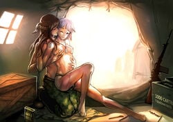 2girls barefoot boots breast_grab breasts brown_hair camouflage closed_eyes crate dog_tags ear_biting es-jeruk fal_(upotte!!) female fnc_(upotte!!) gun kneeling long_hair military multiple_girls navel nipples panties purple_eyes short_hair silver_hair topless underwear upotte!! wavy_mouth weapon wince yuri