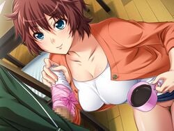 blue_eyes breasts brown_hair censored chair coffee cup game_cg handjob highres kneeling large_breasts looking_up no_panties panties pantyjob penis saiminjutsu_3 short_hair skirt smile standing underwear yoshino_keiko