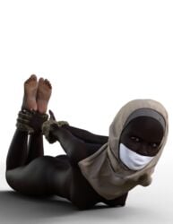 1girls bondage breasts dark-skinned_female dark_skin daz3d feet female female_only gag gagged hijab hogtie muslim naked_hogtie scarf tikka