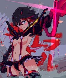 1girls areola areola_slip armpit_hair black_hair black_legwear black_thigh_boots blue_eyes blush breasts female female_armpit_hair female_only garter_straps highlights hourglass_figure kill_la_kill matoi_ryuuko navel panties pattern_legwear pubic_hair school scissor_blade senketsu skirt solo suspenders thigh_boots two_tone_hair weapon