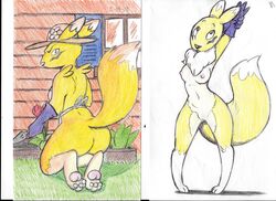 2018 apron ass breasts building canine chest_tuft clothing digimon female flower fur gardening gloves grass hat house kneeling landscaping looking_back mammal nipples outside pawpads plant postdisease presenting presenting_hindquarters pussy raised_tail renamon sideboob simple_background stretching traditional_media_(artwork) trowel tuft white_background window yellow_fur