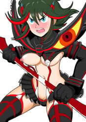 1girls areola black_hair black_legwear black_thigh_boots blue_eyes blush breasts cleavage female female_only garter_straps highlights kill_la_kill matoi_ryuuko navel nipple_slip nipples pattern_legwear pubic_hair scissor_blade senketsu solo suspenders thigh_boots weapon white_background