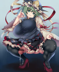 1futa breasts busty cap censored cum cum_trail dress eiki_shiki futa_only futanari green_eyes green_hair high_heels himadara intersex large_breasts penis penis_under_skirt pointless_censoring precum ribbon semi-erect shoes short_hair smile solo squatting thighhighs touhou veiny_penis