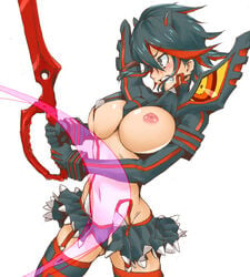 1girls areola black_hair black_legwear black_thigh_boots blush breasts busty cleavage enf female female_only fighting garter_straps hair_over_one_eye highlights kill_la_kill large_breasts matoi_ryuuko navel nipples one_breast_out pattern_legwear scissor_blade senketsu skirt solo suspenders sword thigh_boots voluptuous wardrobe_malfunction weapon y_(artist)