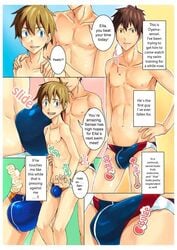 2boys blue_eyes blush brown_hair bulge comic dialogue gay kyouta_(a01891226) looking_at_viewer male male_only nipples seiji_toprush short_hair smile swimsuit text tomcat translated yaoi