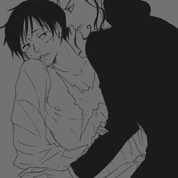 1:1 2boys abs duo facial_hair gay goatee male male_only monkey_d_luffy monochrome multiple_boys one_piece open_clothes open_shirt pixiv_manga_sample rob_lucci scar yaoi