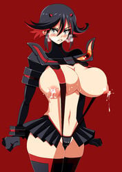 1girls areola black_hair black_legwear black_thigh_boots blush breast_milk breasts busty cleavage female highlights hikora kill_la_kill lactation large_breasts matoi_ryuuko navel nipples pattern_legwear senketsu skirt solo standing suspenders thigh_boots two_tone_hair voluptuous