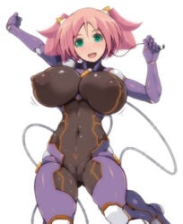 areolae blush bodysuit breasts fat_mons female green_eyes huge_breasts katsuki_yousuke midriff navel nipples open_mouth pink_hair puffy_nipples pussy see-through shiny simple_background skin_tight smile solo standing thighs white_background