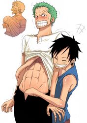 2boys angry grin hand_under_clothes human male male_only monkey_d_luffy multiple_boys multiple_males one_piece roronoa_zoro shirt_lift shock smile syui yaoi