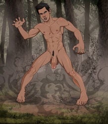 1boy abs anma balls barefoot black_hair caricature erect_nipples feet forest forest_background half-erect human jacob_black large_penis legs_apart looking_at_viewer male male_only native_american_male nude pecs penis solo taylor_lautner the_twilight_saga veiny_penis