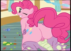 animated anus ass ass_grab clenched_teeth cowgirl_position female friendship_is_magic grin happy large_ass long_tail male my_little_pony penis pink_hair pinkie_pie_(mlp) poopysocks9 smile smooth_skin spike_(mlp) tail wincing