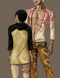 2boys after_sex bottomless cum cumdrip donquixote_doflamingo donquixote_pirates_jolly_roger gay male male_only multiple_boys one_piece pre-timeskip raglan_sleeves standing tattoo trafalgar_law yaoi