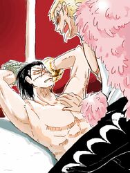 2boys amputee blonde_hair bondage bondage bound_wrists donquixote_doflamingo gay hook_hand male male_only malesub multiple_boys one_piece rape scar sir_crocodile straddle sunglasses topless yaoi