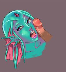 alien blue_skin earring female lips looking_away multicolored_eyes nikuyoku open_mouth penis simple_background sketch tongue unseen_male_face