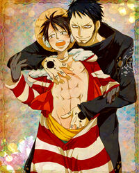 2boys black_hair doctor gay hat highres jacket male male_only monkey_d_luffy multiple_boys one_piece open_clothes patient pixiv_manga_sample punk_hazard resized scar straw_hat tattoo trafalgar_law undressing yaoi