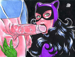 1boy 1girls batman_(series) big_penis black_hair blowjob bottomless catwoman color dc_comics edit faceless_male fellatio female green_eyes large_penis male oral penis rob_durham selina_kyle straight superman superman_(series)