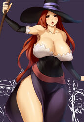 bare_shoulders breasts brown_eyes brown_hair cleavage detached_sleeves dragon's_crown dress hat large_breasts long_hair mafen open_mouth red_hair rod sleeves sorceress_(dragon's_crown) witch_hat