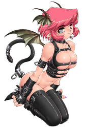 blush breasts butt_plug_tail buttplug_tail cleavage collar demon_girl demon_wings demoness earrings fingerless_gloves gloves hair high_heels horns kajiyama_hiroshi large_breasts latex looking_at_viewer pink_hair short_hair smile thigh_high_boots