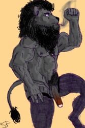 anthro black_fur cigarette feline fist fur furry legwear lion male_only mammal muscles nipple_piercing nipples penis piercing plain_background raised_leg smoking standing stickyfeathers stockings tan_background uncut