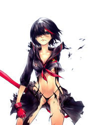 1girls adult_swim black_hair blue_eyes blush cleavage female gloves hair_over_one_eye highlights highres hourglass_figure kill_la_kill matoi_ryuuko school_uniform scissor_blade senketsu serafuku skirt solo standing suspenders thong toonami torn_clothes underboob