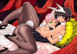 2girls breasts bunny_outfit cleavage cuddling female high_heels hug kajiyama_hiroshi large_breasts looking_at_viewer multiple_girls pantyhose smile yuri