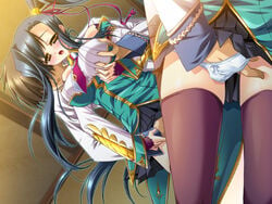 baseson black_hair blush female fingering game_cg hongou_kazuto kan'u_unchou_(koihime) katagiri_hinata koihime†_(series) koihime_musou long_hair ponytail thighhighs tied_hair underwear yellow_eyes