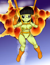 1girls alien_girl black_hair blunt_bangs boots boots_only cleft_of_venus explosion facing_viewer falling female female_only fire first_porn_of_franchise flying frown full_body glasses gloves gloves_only green_skin harness kerbal kerbal_space_program kloudmutt looking_at_viewer medium_breasts naked_boots naked_gloves nude nude_female orange_boots orange_gloves outdoors parachute pussy smoke solo uncensored