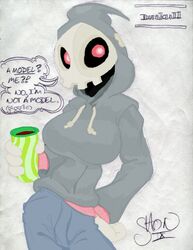 beverage big_breasts breasts clothed clothing dialog duskull female hoodie king-cheetah mask nintendo oekaki pokemon pokephilia red_eyes solo text video_games