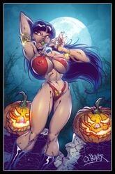 black_hair breasts brown_eyes cleavage halloween jack-o'-lantern moon smile vampirella wagner