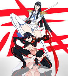 2girls angry bakuzan bikini_armor blue_eyes cameltoe crossed_arms female female_only highres hourglass_figure junketsu kill_la_kill kiryuuin_satsuki long_hair matoi_ryuuko multiple_girls scissor_blade see-through senketsu sheer short_hair siblings sisters sword two_tone_hair upskirt very_long_hair weapon