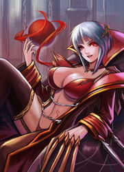 beige_skin blue_hair claws clothes color female female_only hair league_of_legends looking_at_viewer open_clothes open_eyes red_eyes rule_63 short_hair sitting solo tagme vladimir_(league_of_legends)