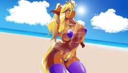 amakuchi beach bikini black_nails blonde_hair blue_eyes breast_hold breasts crossed_arms female freja freja_(amakuchi) furry large_breasts long_hair ocean purple_legwear scrunchie solo tail the_magical_foxgirl_foxy-rena thighhighs wallpaper