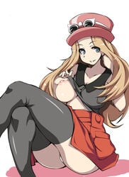 blonde_hair blue_eyes blush breasts gengoroh hat human human_only long_hair nintendo nipples one_breast_out pokemon pokemon_xy pussy serena_(pokemon) serena_(pokemon_games) skirt sunglasses sunglasses_on_head tagme thighhighs thighs