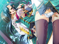 baseson black_hair blush female fingering game_cg hongou_kazuto kan'u_unchou_(koihime) katagiri_hinata koihime†_(series) koihime_musou long_hair ponytail pussy_juice thighhighs tied_hair underwear yellow_eyes