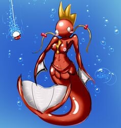 2012 blue_background blush breasts derp elpatrixf female magikarp mermaid nintendo nipples poke_ball pokemon ribbons smooth_skin solo