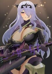 1girls absurdres armor armored_leotard bare_thighs bass_guitar between_breasts black_armor black_horns black_leotard black_panties blush breasts brown_gloves camilla_(fire_emblem) capelet cleavage commission fake_horns female female_only fire_emblem fire_emblem_fates genm7 gloves gold_trim grin hair_ornament hair_over_one_eye highres horns inner_thighs instrument large_breasts leotard long_hair looking_at_viewer music nintendo one_eye_covered panties playing_instrument purple_capelet purple_eyes purple_hair smile solo thighs underwear