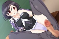 black_hair blush braid censored cum cum_on_lower_body d_drive feet footjob fusataka_shikibu no_shoes panties red_eyes short_hair thighhighs toes tsugou_no_ii_kanojo tsushima_ruriko