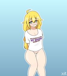 blonde_hair bottomless breasts floral_foxingdale green_eyes heart-shaped_pupils imxr24 original_character shirt_only simple_background smug text uncensored