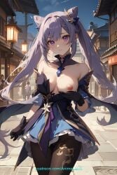 ai_generated anime bare_shoulders breasts cute female genshin_impact girl keqing_(genshin_impact) medium_breasts nipples piercing_thunderbolt purple_eyes purple_hair solo underpants