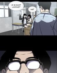1boy 3girls ahn_jooyeon background_character background_characters black_hair leering long_hair manhwa miniskirt pervert school_uniform sitting skirt teacher the_devil’s_boy thighs