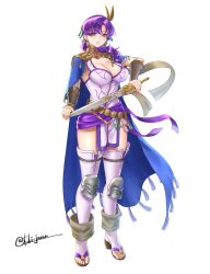 1girls absurdres alternate_costume blue_cape breasts cape cleavage female female_only fire_emblem fire_emblem:_the_binding_blade highres holding holding_sword holding_weapon juno_(fire_emblem) juno_(nimble_grace)_(fire_emblem) knee_pads large_breasts nintendo purple_hair smile sword tassel thighhighs tsukimura_(d24f4z8j3t) weapon white_background