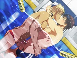 2boys abs black_eyes blonde_hair blush brown_hair censored closed_eyes dutch_angle erection frottage gay goggles grinding hug izumi_nekotsuki kissing male male_only multiple_boys multiple_penises muscle nipples original partially_underwater_shot penis penises_touching pool pubic_hair shirtless speedo sweat swim_briefs swim_cap swimsuit tan topless underwater underwater_sex wasukoro water yaoi