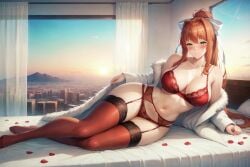 1girls ai_generated aimoonshine bangs bare_shoulders bed bed_sheet blush bow bra breasts brown_hair cleavage closed_mouth coat collarbone curtains day doki_doki_literature_club female female_only full_body fur_trim garter_belt green_eyes hair_ribbon hairbow indoors lace lace-trimmed_bra lace_trim large_breasts legs lingerie long_hair long_sleeves looking_at_viewer lying monika_(doki_doki_literature_club) navel no_shoes off_shoulder on_bed on_side open_clothes open_coat panties petals pillow ponytail red_bra red_panties red_thighhighs ribbon rose_petals seductive seductive_look seductive_smile shiny sidelocks sky smile solo stomach sunrise thigh_gap thighhighs thighs underwear very_long_hair white_ribbon window