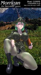 bat_print boots breasts cameltoe capcom clothing cosine darkstalkers detailed_pussy green_hair gun hat leotard medium_breasts military_uniform morrigan_aensland necktie pantyhose pubic_hair pussy red_eyes rifle succubus thighs weapon