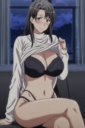 ai_generated black_bra black_hair black_panties bra breasts grey_eyes hiratsuka_shizuka huge_breasts large_breasts long_hair my_teen_romantic_comedy_snafu navel panties shirt_lift stomach tagme