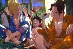 3boys barefoot feet feet_up foot_fetish male male_focus male_only monkey_d_luffy one_piece portgas_d_ace sabo_(one_piece) slimy-tablet