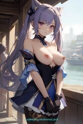 ai_generated anime bare_shoulders breasts cute female genshin_impact girl keqing_(genshin_impact) medium_breasts nipples piercing_thunderbolt purple_eyes purple_hair solo