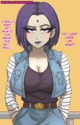 1girls alternate_breast_size android_18_(cosplay) big_breasts breasts caption commission cosplay dialogue dragon_ball dragon_ball_z english_text female female_only huge_breasts large_breasts nonoise666 pissed_off raven_(dc) solo teen_titans text tsundere