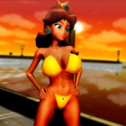 1girls 3d big_breasts bikini blackwashed blue_eyes brown_hair busty cleavage confident dark-skinned_female female female_only hands_on_hips hi_res large_breasts legs mario_(series) navel nintendo pose posing princess princess_daisy short_hair smile solo thighs virtualblueam2 voluptuous yellow_bikini